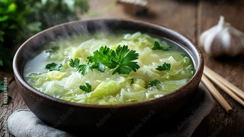 A steaming bowl of Chinese cabbage soup with parsley garnish, placed on a rustic wooden table with antique chopsticks A steaming bowl of Chinese cabbage soup with parsley garnish, placed on a rustic wooden table with antique chopsticks