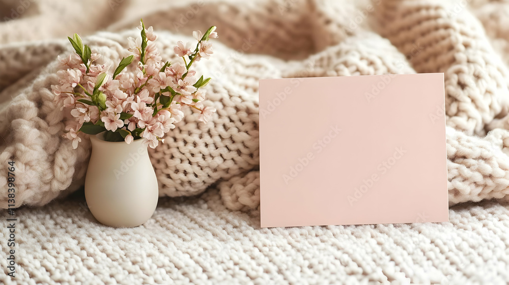 A serene arrangement featuring a vase of flowers and a blank card on a cozy knit blanket. A serene arrangement featuring a vase of flowers and a blank card on a cozy knit blanket.