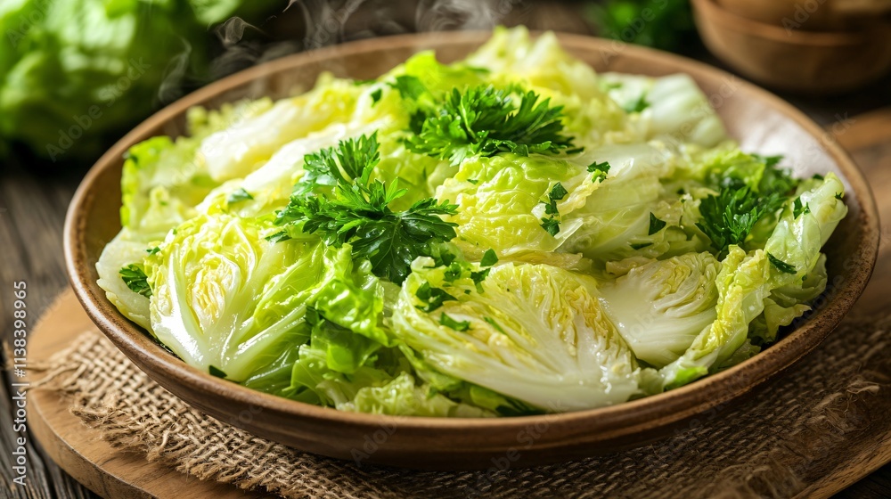 A steaming dish of Chinese cabbage stir-fry with parsley garnish, placed on a rustic cutting board with burlap accents A steaming dish of Chinese cabbage stir-fry with parsley garnish, placed on a rustic cutting board with burlap accents