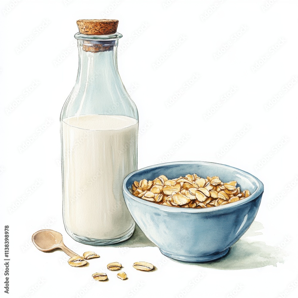 Oat Milk and Rolled Oats Still Life Oat Milk and Rolled Oats Still Life