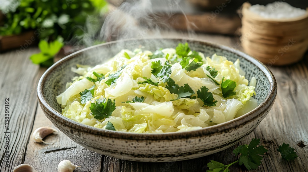 A steaming dish of Chinese cabbage with parsley and garlic sauce, set on a weathered wooden counter with vintage decor A steaming dish of Chinese cabbage with parsley and garlic sauce, set on a weathered wooden counter with vintage decor