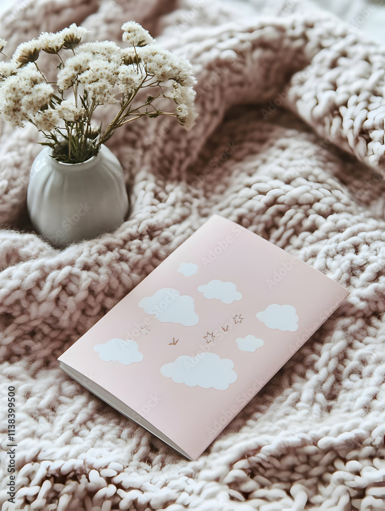 A cozy scene featuring a notebook and flowers on a textured blanket. A cozy scene featuring a notebook and flowers on a textured blanket.