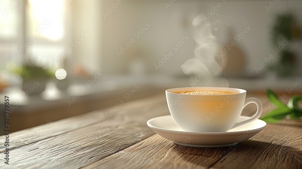 Steaming cup of tea on wooden table in sunlit kitchen. Steaming cup of tea on wooden table in sunlit kitchen.