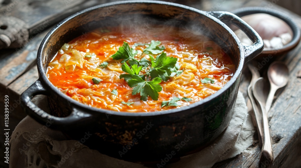 A steaming pot of Chinese cabbage stew with parsley garnish, set on a weathered wooden counter with vintage utensils