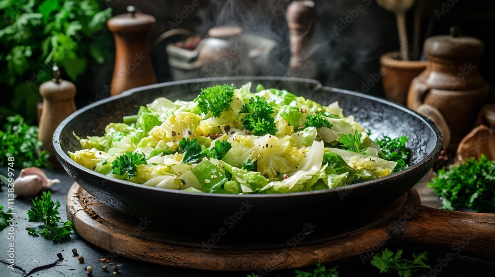 A steaming wok of Chinese cabbage stir-fried with parsley, surrounded by rustic kitchen tools and dried herbs A steaming wok of Chinese cabbage stir-fried with parsley, surrounded by rustic kitchen tools and dried herbs