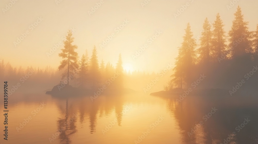Fototapeta premium Serene Finnish forest lake at sunrise, frost on trees, glowing golden light, mist, and reflections on the water.