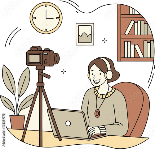 Young woman blogger recording online course or workshop for followers, chatting via webcam at home illustration with wireless high-speed internet connection.