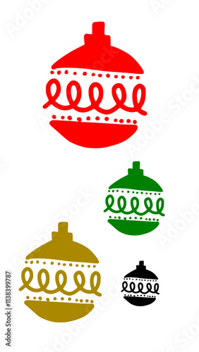 Christmas Set Of Baubles Balls Red Black Gold Green  Isolated Vector Hand Drawn Illustration.