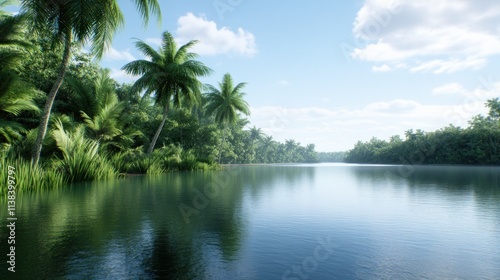 Serene river landscape with lush greenery and palm trees.