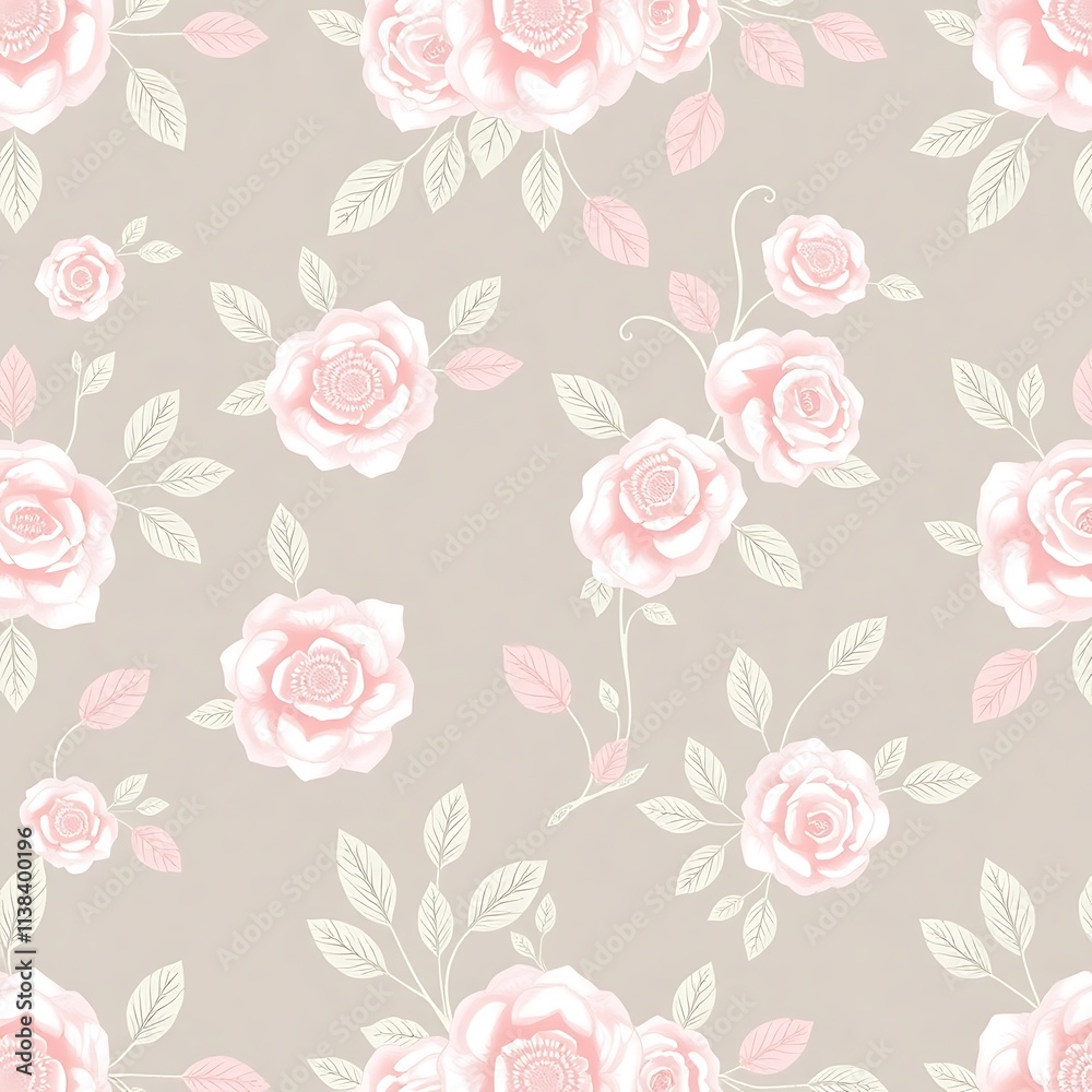 Fototapeta Romantic Floral Pattern: Delicate pink roses and leaves, woven seamlessly on a soft beige background, create a charming and elegant repeating pattern.