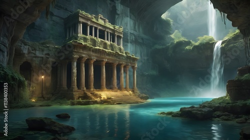 Majestic Ancient Structure in a Serene Subterranean Waterfall Setting