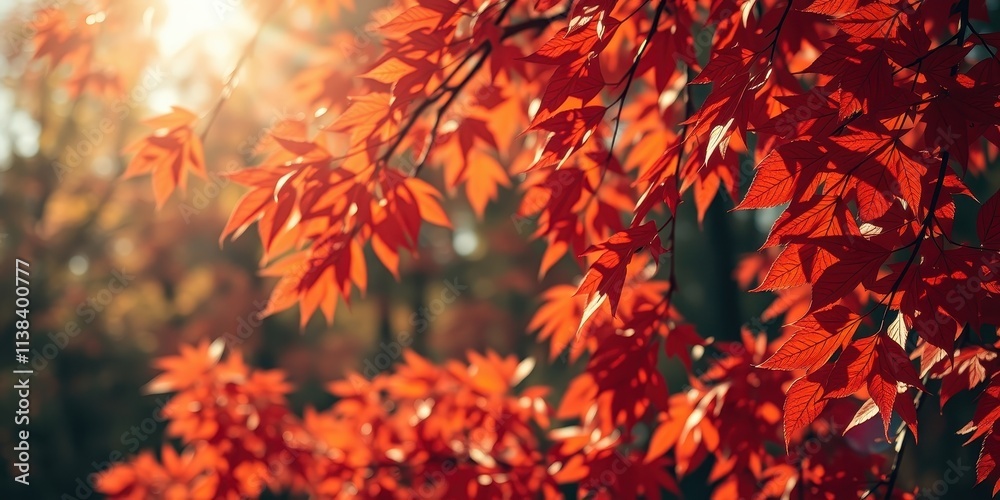 A close-up shot of red leaves on a tree branch with the sun shining through the foliage creating a warm and inviting atmosphere. A close-up shot of red leaves on a tree branch with the sun shining through the foliage creating a warm and inviting atmosphere.