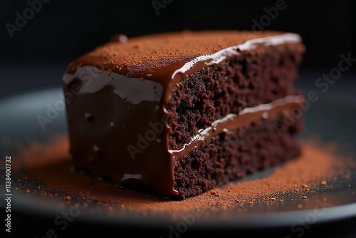 Decadent Double-Layered Chocolate Cake with Rich Ganache Glaze on Dark Plate photo