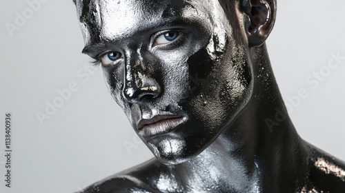 Close-up portrait of a person with reflective silver metallic body paint, creating a futuristic, artistic, and surreal aesthetic photo