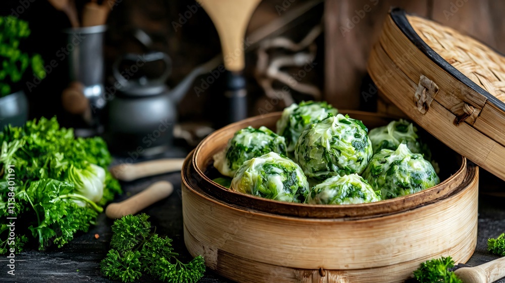 Chinese cabbage and parsley dumplings arranged in a rustic steamer basket, with vintage kitchen tools in the background Chinese cabbage and parsley dumplings arranged in a rustic steamer basket, with vintage kitchen tools in the background