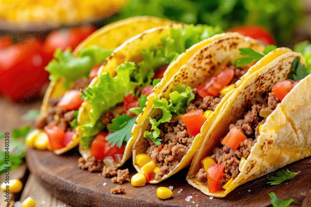 Hard Tacos: Close-Up Group of Mexican Corn Tortilla Tacos with Ground Beef, Lettuce, Tomatoes, Cheese