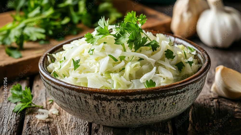 Chinese cabbage braised with parsley sprigs, displayed in a rustic ceramic bowl with a weathered wooden cutting board in the background Chinese cabbage braised with parsley sprigs, displayed in a rustic ceramic bowl with a weathered wooden cutting board in the background