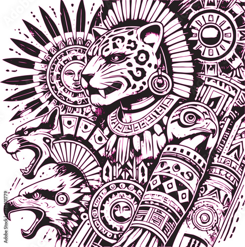 This image features an intricate Aztec-inspired design, depicting a jaguar warrior adorned with detailed tribal patterns, ornate headdresses, sun motifs, and animal spirits, showcasing fierce symbolis