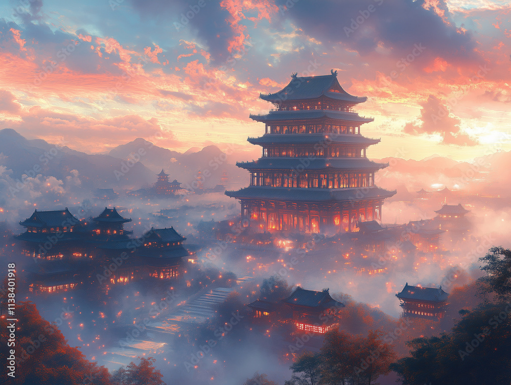 A towering ancient building with intricate architecture, standing tall amidst rolling hills and flowing rivers under a colorful sky. A towering ancient building with intricate architecture, standing tall amidst rolling hills and flowing rivers under a colorful sky.