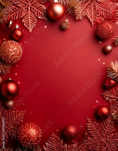 Red Christmas Background, Snowflakes, Decorations, Space for Words