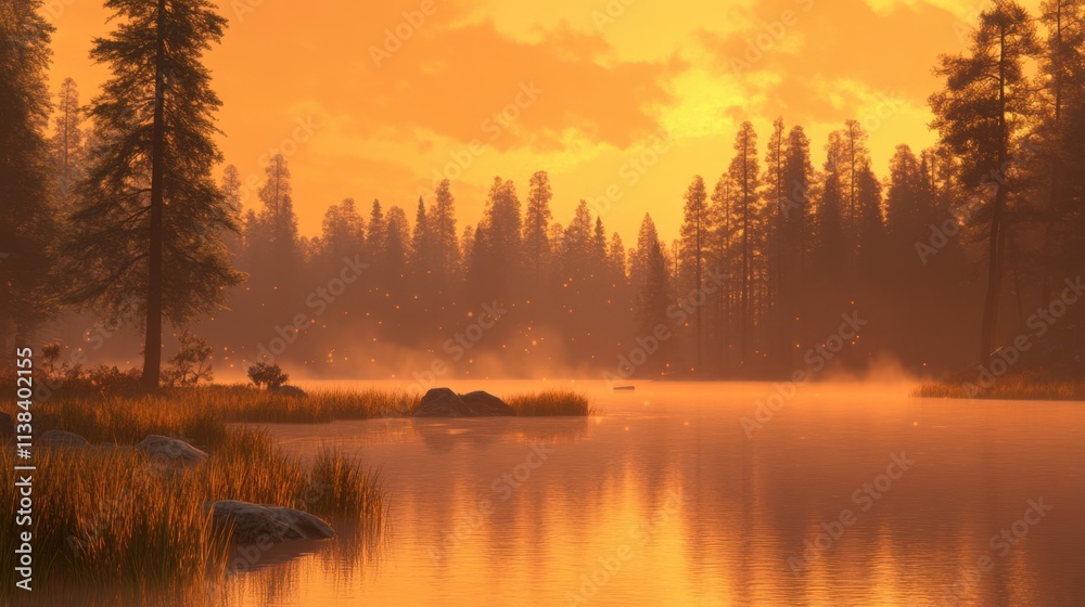 Sunrise over Finland frost-covered forest lake, golden light, mist hovering over the water, and majestic pines. Sunrise over Finland frost-covered forest lake, golden light, mist hovering over the water, and majestic pines.
