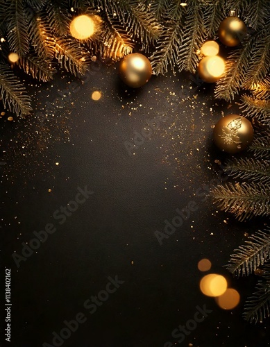 Christmas Background with golden balls and tree, Empty Space, 