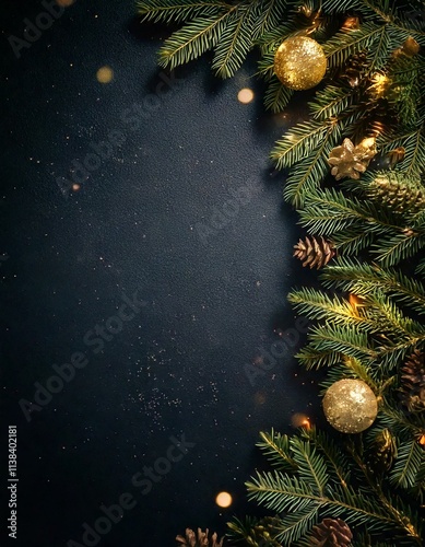 Christmas Background with golden balls and tree, Empty Space, 