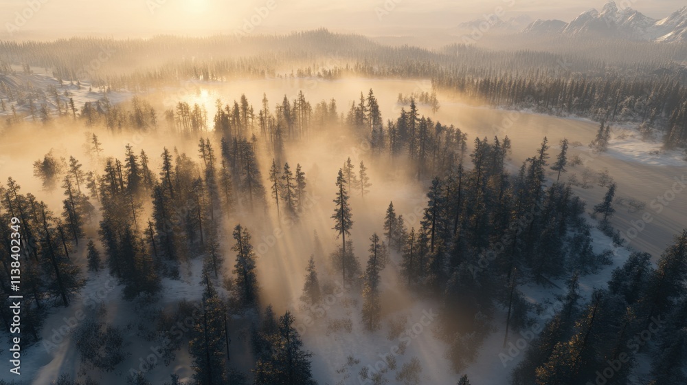 Fototapeta premium Sunrise over Finland frost-covered forest lake, golden light, mist hovering over the water, and majestic pines.