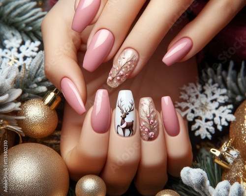 Christmas pink deer nails