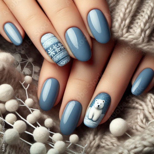light blue nails with polar bear decoration