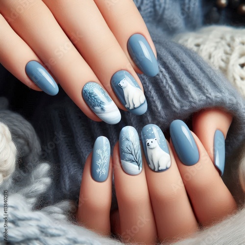 Christmas light blue nails with white bear decoration