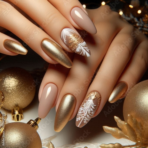 golden nails with white Christmas decoration