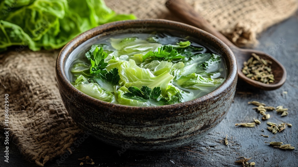 Chinese cabbage soup with parsley, served in a vintage bowl with a rustic spoon and dried herbs around it
