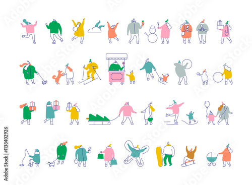 Tiny people have fun in winter line art vector illustration set isolated on white background. People winter outdoor activities - play snowball, ski, make snow angels, ride sled, skates 
