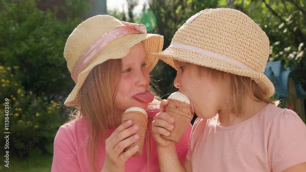 Happy children eating ice cream and laughing in a summer garden