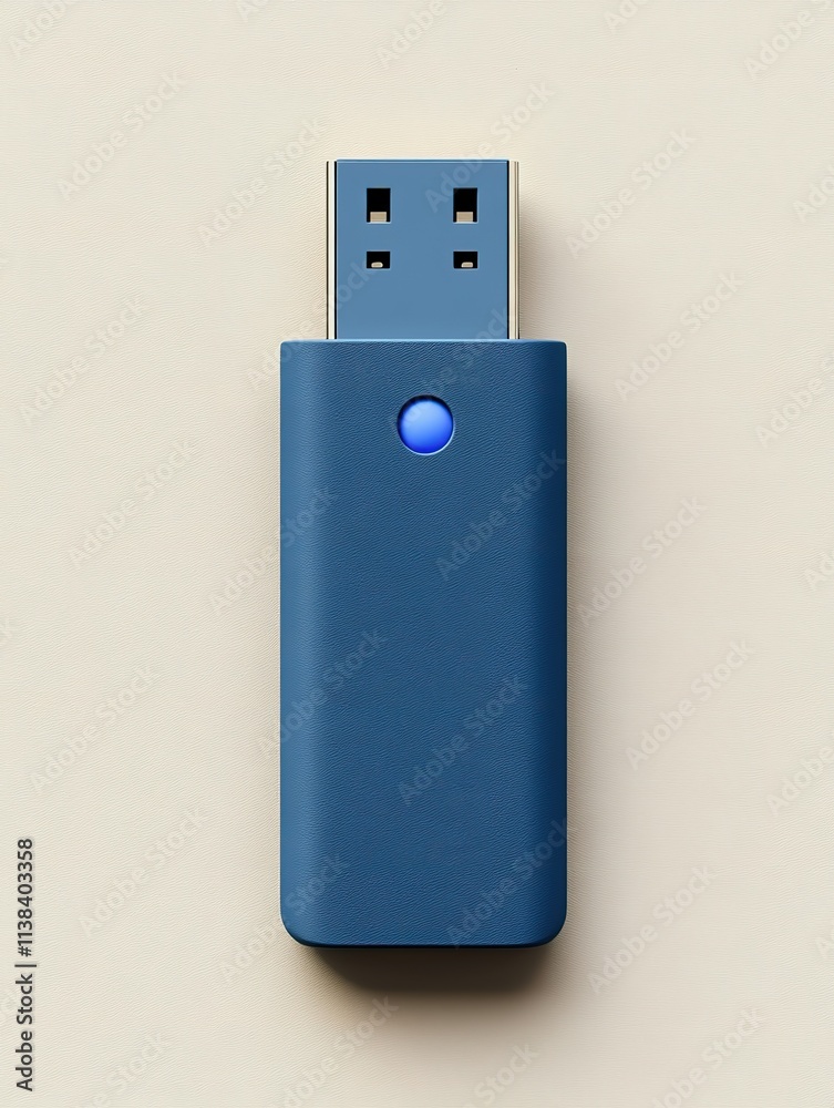 A blue USB flash drive is sitting on a white surface A blue USB flash drive is sitting on a white surface