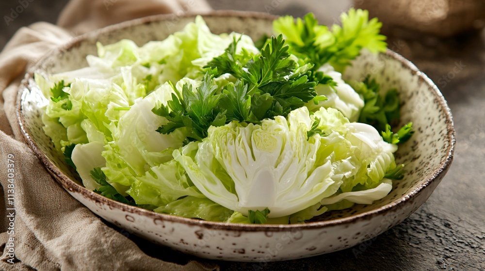 Fresh Chinese cabbage and parsley salad, served on a chipped porcelain plate with a rustic linen napkin Fresh Chinese cabbage and parsley salad, served on a chipped porcelain plate with a rustic linen napkin
