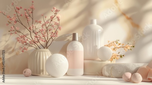 Soft pastel ceramic bottles with cherry blossoms on a white table