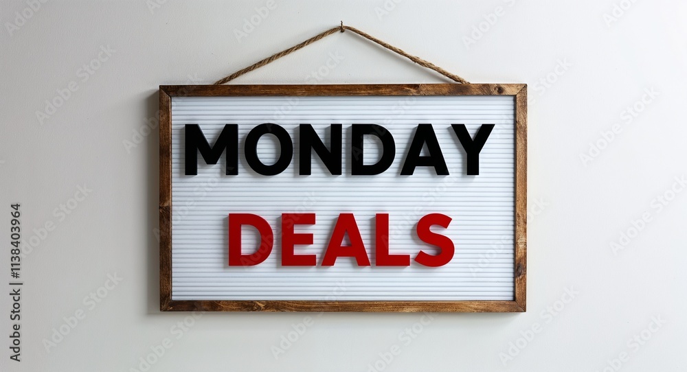 Monday deals lettering on hanging sign board on plain white background Monday deals lettering on hanging sign board on plain white background
