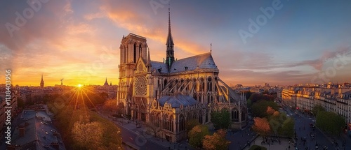 Notre Dame Cathedral at sunset, panoramic view of Parisian cityscape.