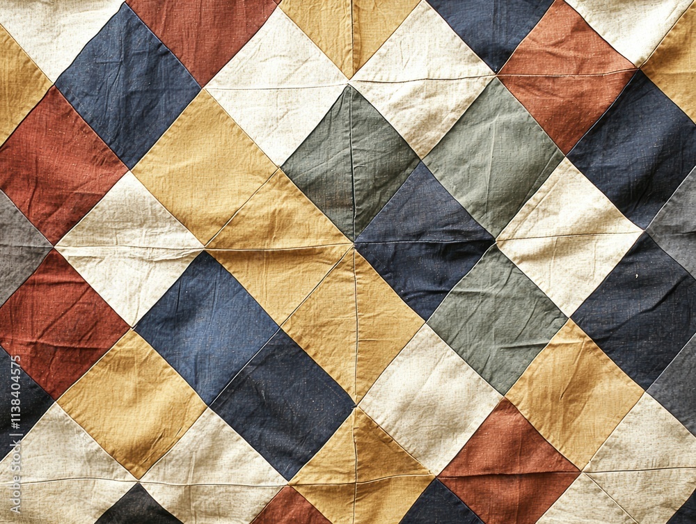 A colorful quilt pattern featuring diamond shapes in earthy tones like brown, mustard, green, and cream, creating a warm and inviting textile design. A colorful quilt pattern featuring diamond shapes in earthy tones like brown, mustard, green, and cream, creating a warm and inviting textile design.