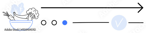 Fruits and vegetables in bowl with arrow, progress dots, and checkmark. Ideal for health, nutrition, diet plans, wellness, progress tracking goal setting. Line metaphor