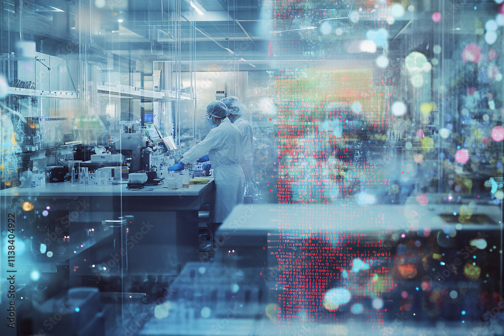 A digital visualization of genetic code overlays a modern laboratory where scientists work with experiments amid glowing data streams and high-tech equipment