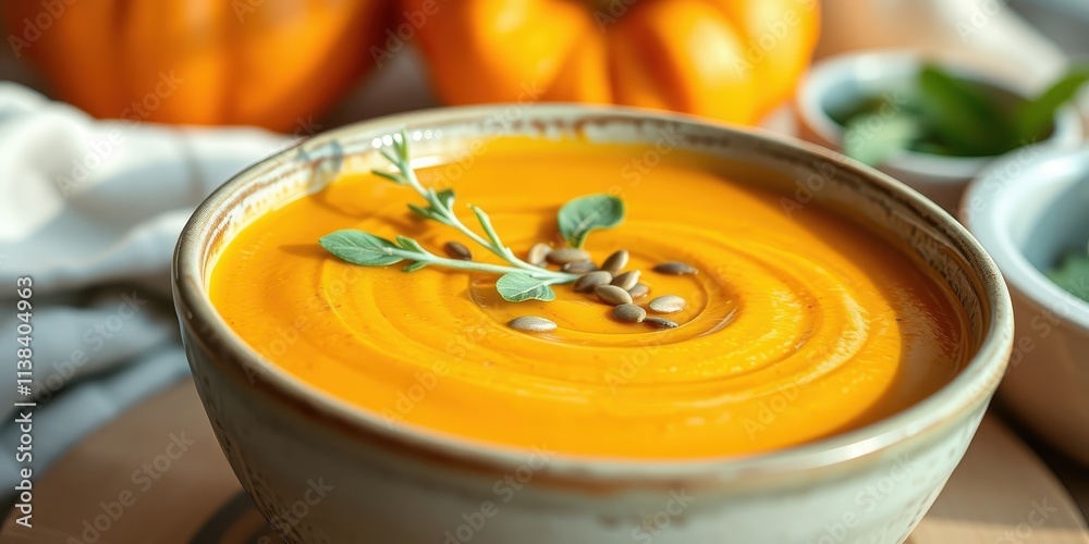 A bowl of creamy pumpkin soup with a sprig of fresh herbs and scattered seeds, a simple yet satisfying autumnal meal. A bowl of creamy pumpkin soup with a sprig of fresh herbs and scattered seeds, a simple yet satisfying autumnal meal.