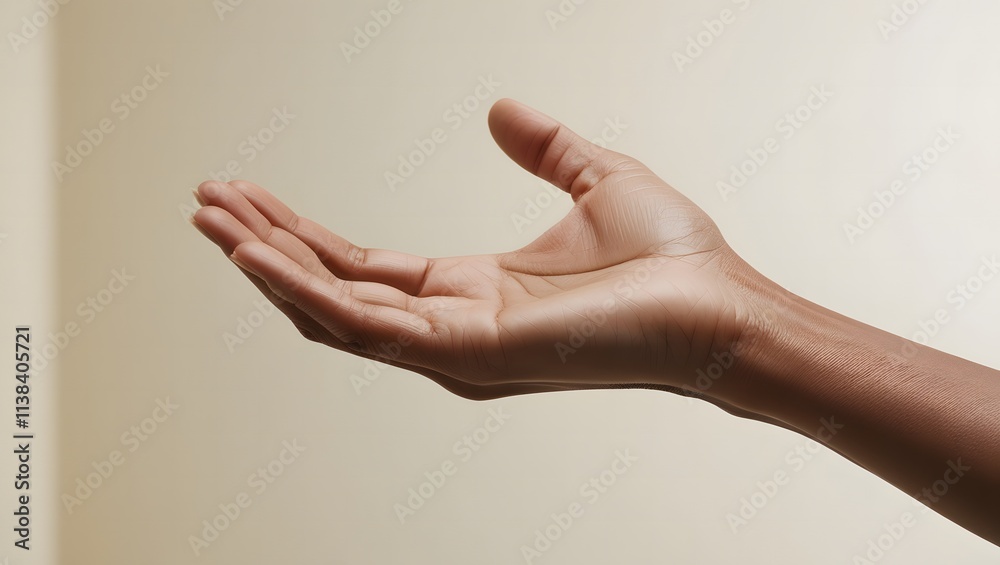 Open Hand Reaching Out on Neutral Gray Background Open Hand Reaching Out on Neutral Gray Background