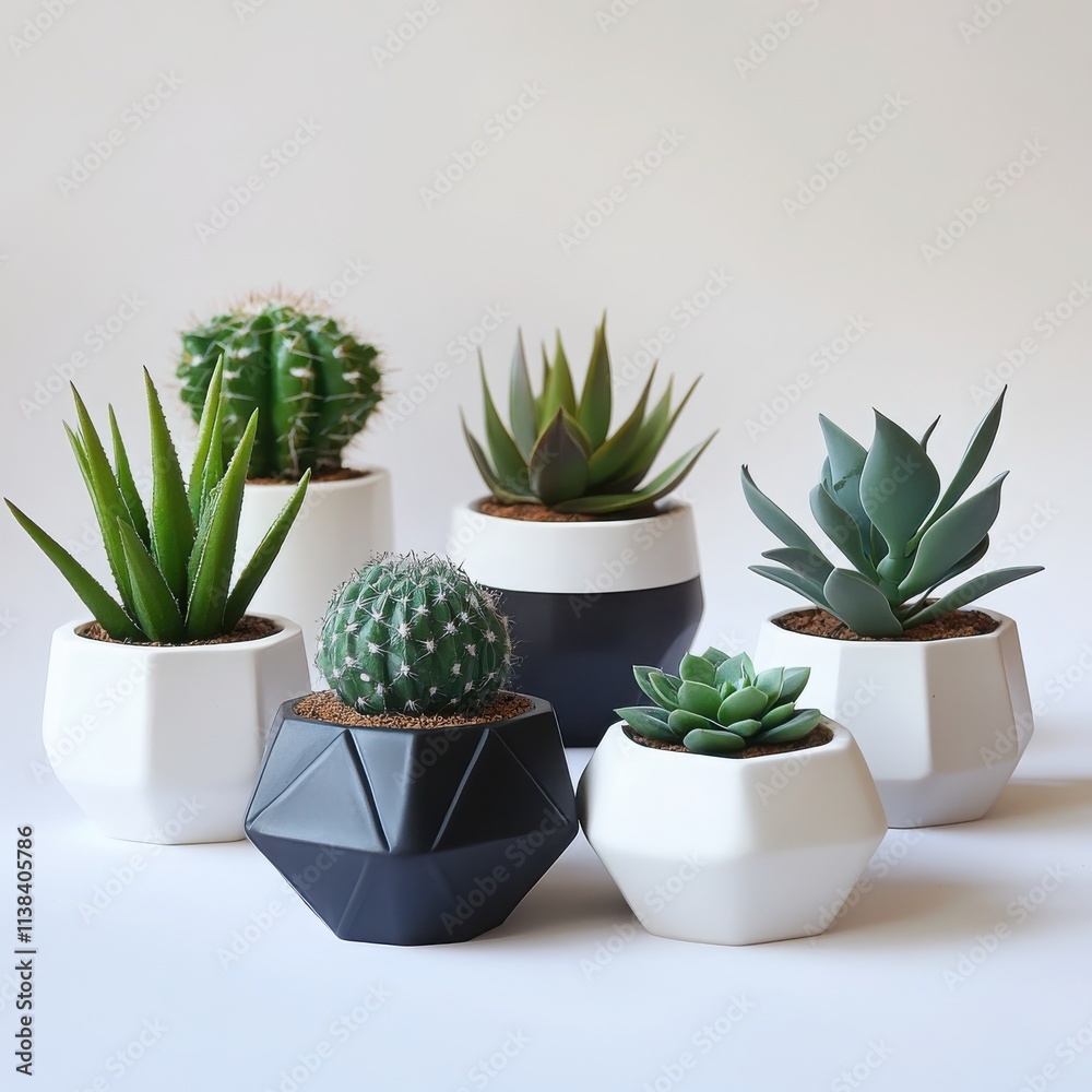 A modern plant arrangement featuring succulents and cacti in geometric pots, styled on a pristine white background A modern plant arrangement featuring succulents and cacti in geometric pots, styled on a pristine white background