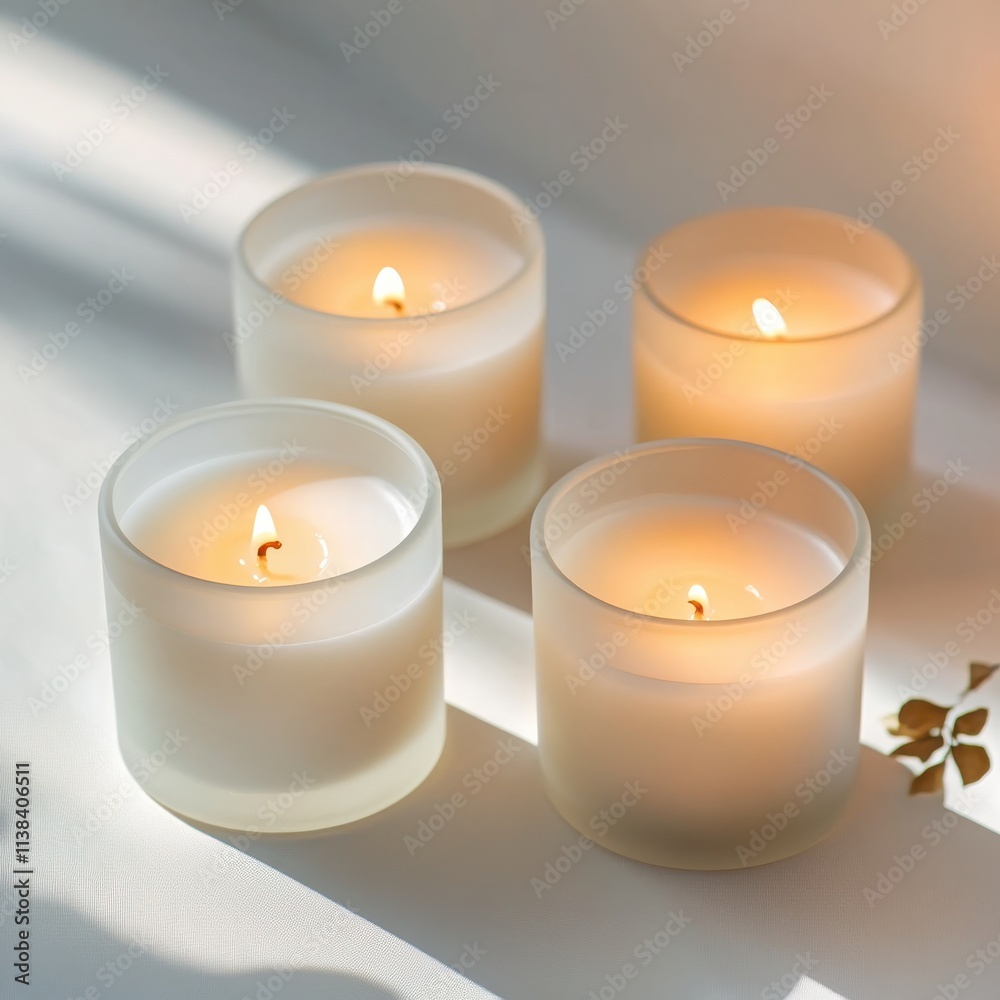 A set of luxury scented candles in frosted glass jars, with soft lighting and subtle shadows on a clean white background A set of luxury scented candles in frosted glass jars, with soft lighting and subtle shadows on a clean white background
