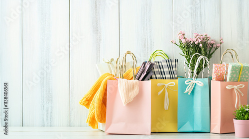 Colorful paper bags are arranged on a light wooden surface with fresh flowers, creating a minimalistic and cheerful shopping scene filled with spring vibes