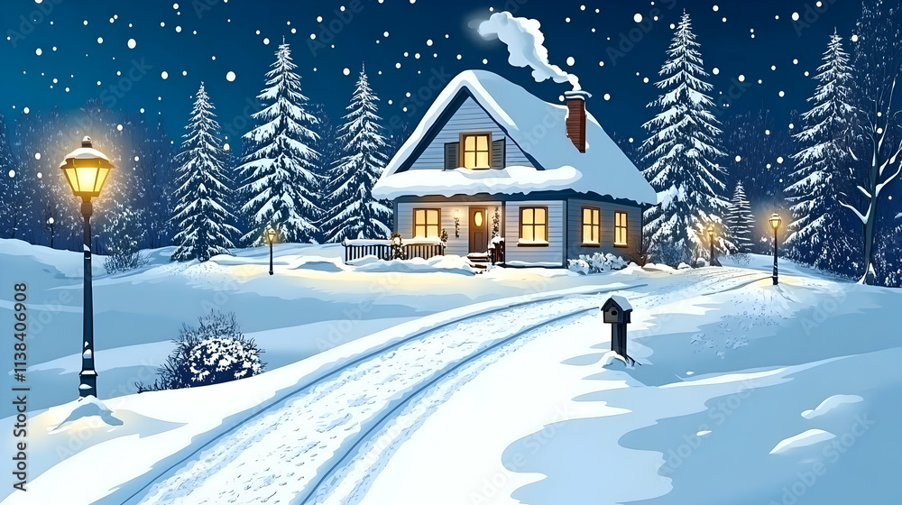Fototapeta premium Snowy night scene with house, snow-covered trees, and street lamps, winter wonderland illustration for Christmas or holiday greeting card or website
