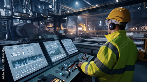 A steel mill operator monitors AI-driven temperature controls in a high-tech industrial environment showcasing advanced technology and professional safety measures